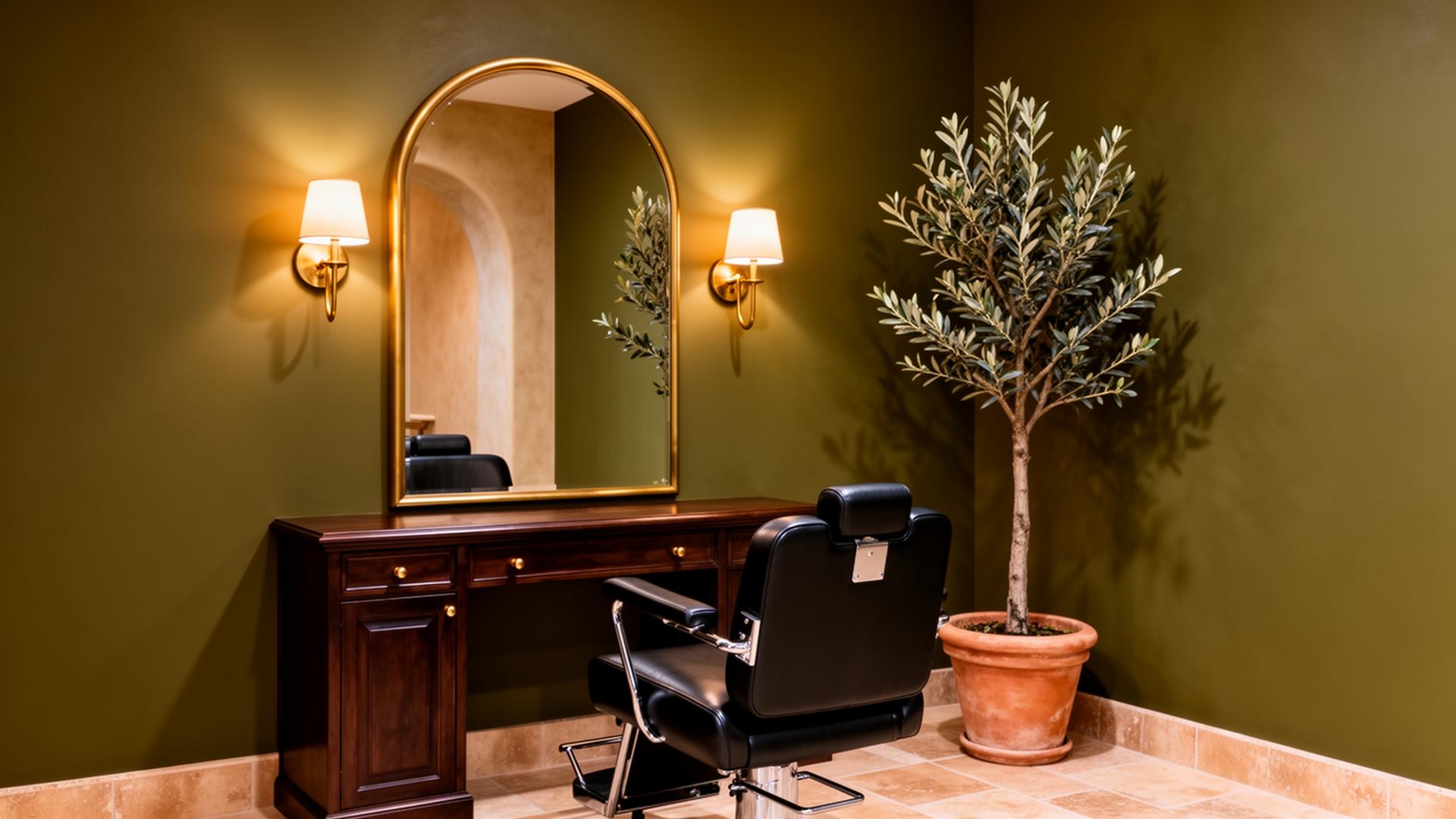 Lusso Belmont lounge interior with arched windows and warm linen drapes